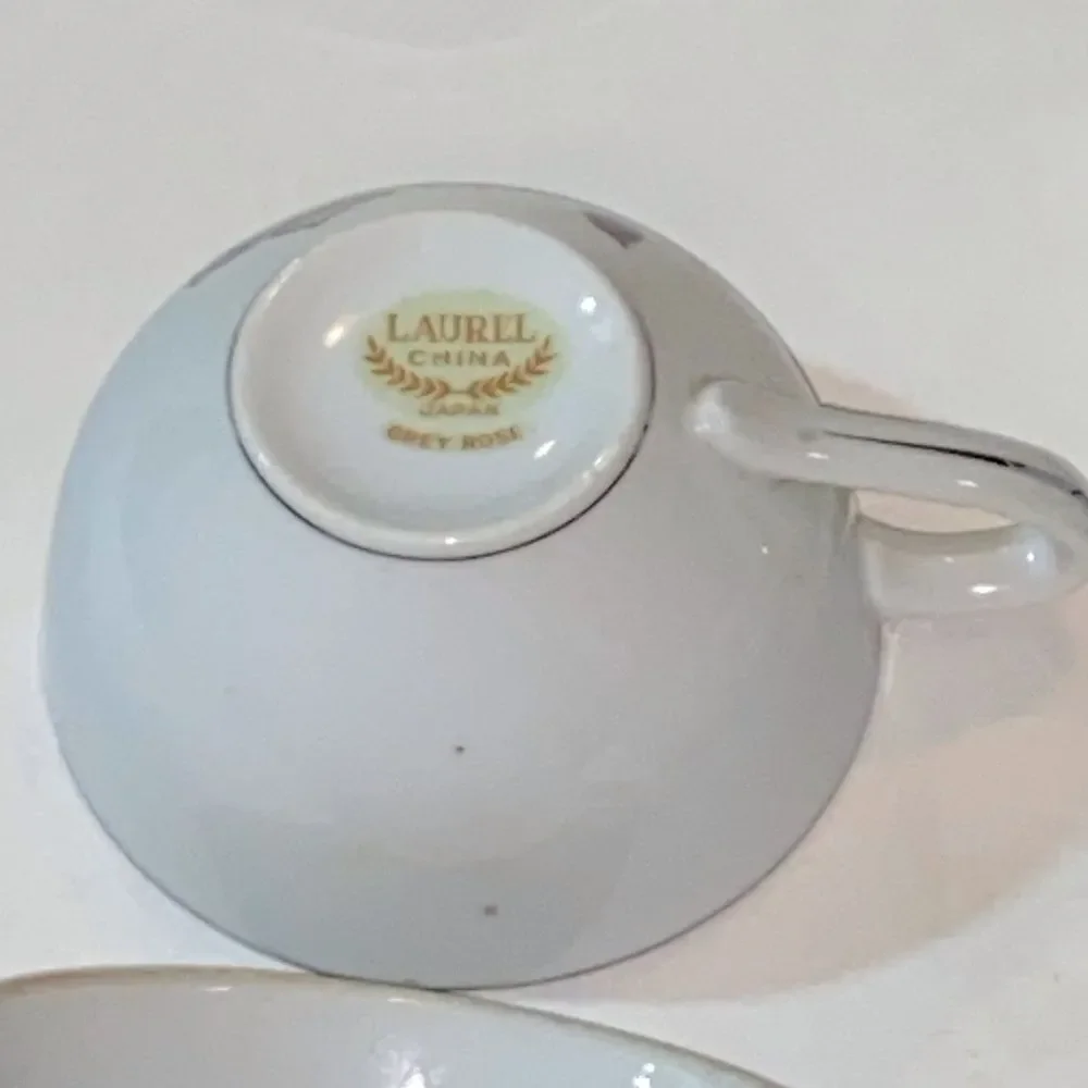 Laurel China & Japan Grey  Rose Chic White Teacups with Black Floral Design Set4